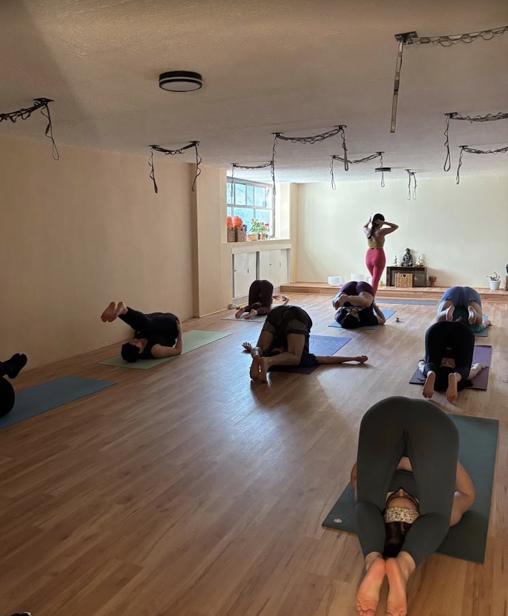 Clase grupal en el salón de Bodai Yoga Condesa con piso de madera y luz natural