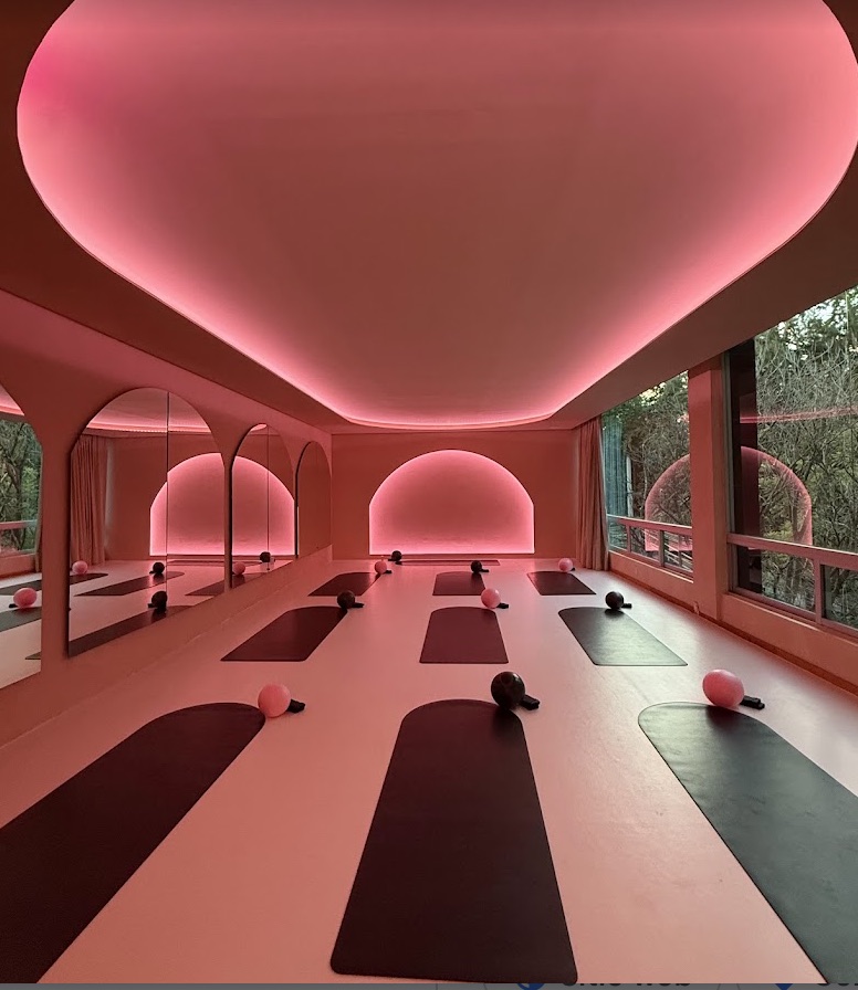Salón de FIRA Wellness Club con iluminación rosa y tapetes preparados